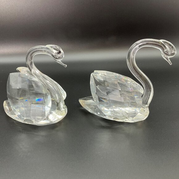 Vintage Set 2 Crystal Art Glass Swan Faceted Figurine Paperweight MCM Art Deco - Picture 2 of 9